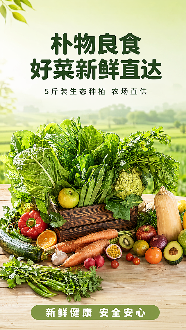 [第1屏] 详情页头图，朴物良食5斤装当季新鲜混合蔬菜箱新品宣传海报。
[氛围/风格] 清新自然原生态，明亮通透的生鲜氛围，商业写实摄影质感，突出蔬菜的新鲜健康。
[元素布局] 混合蔬菜木箱礼盒放置在画面中偏下区域，占据画面65%-70%主体位置。参考【图12】整箱蔬菜组合效果，同时保证每种蔬菜的颜色、外形质感与【图1-图11】用户实拍产品图保持一致，箱外搭配摆放几款代表性蔬菜：樱桃萝卜、西葫芦、螺丝椒、茼蒿，丰富视觉层次。背景上半部分为浅绿渐变田园背景，隐约透出农田实景虚化，左上预留充足标题留白，底部为浅木色自然台面，整体无边框满铺设计。
[光影质感] 左上方柔和主光照亮蔬菜叶片表面，凸显鲜嫩质感，右下方形成自然柔和投影，整体画面明亮通透，蔬菜边缘清晰真实，水珠效果自然逼真。
[配色色系] 全局底色：#F2F9F0（浅嫩草绿）；主体配色：以各类蔬菜自然绿色、紫色、红色为主；辅助色：#8B5A2B（木箱棕）+ #2D5024（深绿文字）。
[视角构图] 正面微俯视视角，蔬菜礼盒位于画面中偏下区域，顶部区域完整留给主标题和副标题，背景干净通透有自然设计感，阅读动线从上到下清晰流畅。
[文字版式] 上标题下产品布局，顶部主标题「朴物良食 好菜新鲜直达」深绿字，居中对齐，字号约为画面宽度的8%-10%，不超过顶部区域高度的25%；主标题下方副标题「5斤装生态种植 农场直供」深绿色小字，居中，字距略宽，字号约为主标题的30%；底部浅绿信息条标注「新鲜健康 安全安心」，白色文字居中，文字不遮挡蔬菜主体。字形使用圆角粗黑体，字色仅深绿一种，纯色填充，全套沿用此设置。
[比例分辨率] 9:16 竖版比例，4K分辨率，文字清晰可辨，超高清。
[负向提示词] 蔬菜变形，颜色偏差，结构错误，水印，文字错乱，产品图模糊，背景杂乱，虚假宣传，绝对化用语。