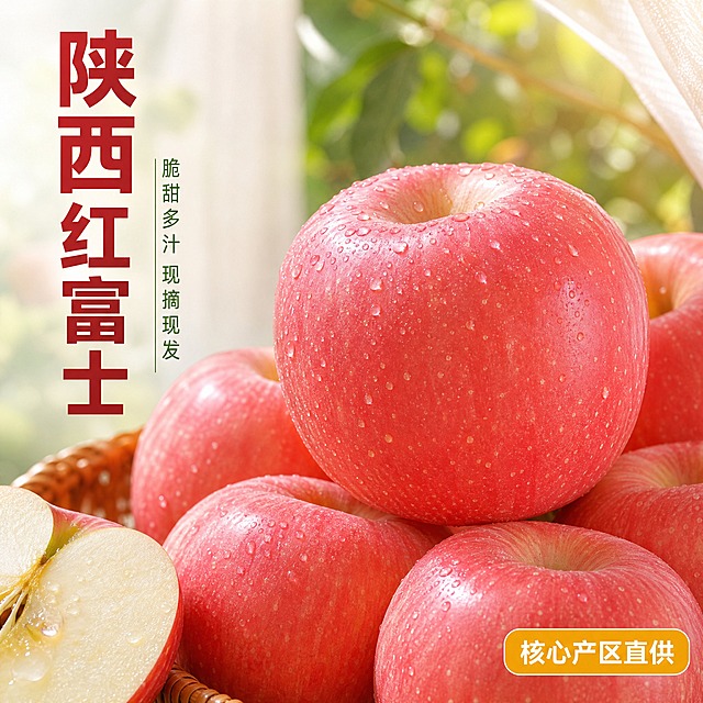 [主图-1] 陕西红富士苹果首图，突出食欲感与新鲜度，点击率导向。
[统一基调] 京东品质稳重风格，文字占比<30%，一图一重点；背景主色为暖绿与米白渐变，标题字色为深红，辅助字色为深绿，强调色为金黄；字体为粗黑体标题+细黑体辅助，简洁稳重，无多余装饰。
[画面] 主体为多颗陕西红富士苹果堆叠在编织篮中，前景一颗完整大苹果居中偏右，占画面约65%，果皮红润带细密白色果点，表面有新鲜水珠；背景为模糊的果园绿叶与白色纱帘，自然暖阳逆光从右上方照射，苹果边缘有通透光晕；左下角露出半颗切开的苹果截面，果肉乳白饱满，果汁欲滴；整体场景温馨自然，充满新鲜采摘的氛围。
[光影质感] 自然暖阳逆光，主光柔和，苹果表面有自然高光与水珠反光，底部有柔和接触阴影，果皮纹理清晰，果肉通透有水分感，商业摄影级质感。
[配色] 背景暖绿米白渐变，苹果红为主色，金黄点缀水珠高光，标题深红，辅助深绿。
[文字版式] 左上角竖排主标题"陕西红富士"，深红粗黑体，字号大；主标题下方小字"脆甜多汁 现摘现发"，深绿细黑体；右下角小标签"核心产区直供"，金黄底白字圆角小标；文字不遮挡苹果主体，放在负空间。
[输出要求] 比例1:1，文字清晰可读，苹果外观与输入图一致，果皮红润带白点，果肉乳黄；负向：变形、错字、模糊、杂乱、水印、平台Logo、京东标识、绝对化用语。