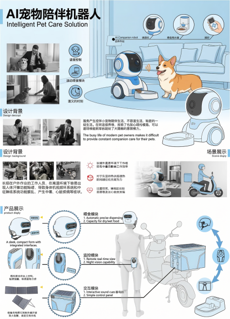 仿照上传的户外装备设计海报的版式，制作AI宠物陪伴机器人的创意设计海报，主色调为浅蓝+白色，顶部是作品名称：AI宠物陪伴机器人，副标题：智能养宠解决方案，配有机器人和宠物互动的主视觉图。内容板块包含：预览效果