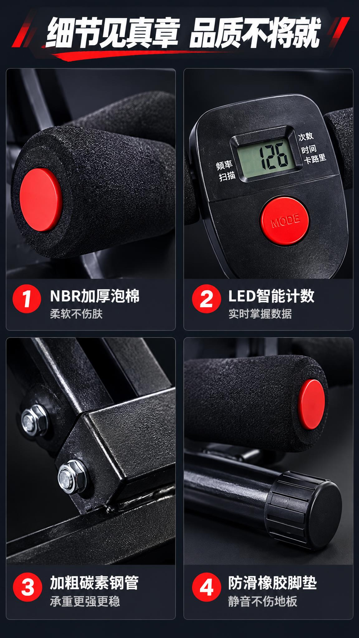 将这4张建腹器细节图（泡棉滚轮、电子计数器、钢架连接处、底部滚… - 图片创意预览