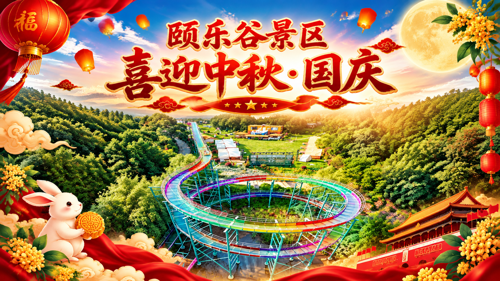 将这张竖版的颐乐谷景区中秋国庆封面图调整为横版9:16比例（宽… - 图片创意预览