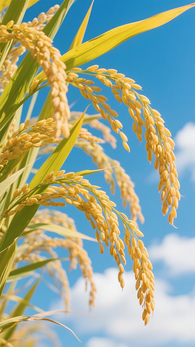 低角度仰拍，超写实摄影，金黄饱满水稻特写，稻穗低垂显成熟，细长叶片黄绿渐变，阳光照射稻穗泛暖光，清澈蓝天飘白云，光影鲜明，纹理清晰，自然清新田园风，传丰收喜悦与生机，纯水稻背景素材。