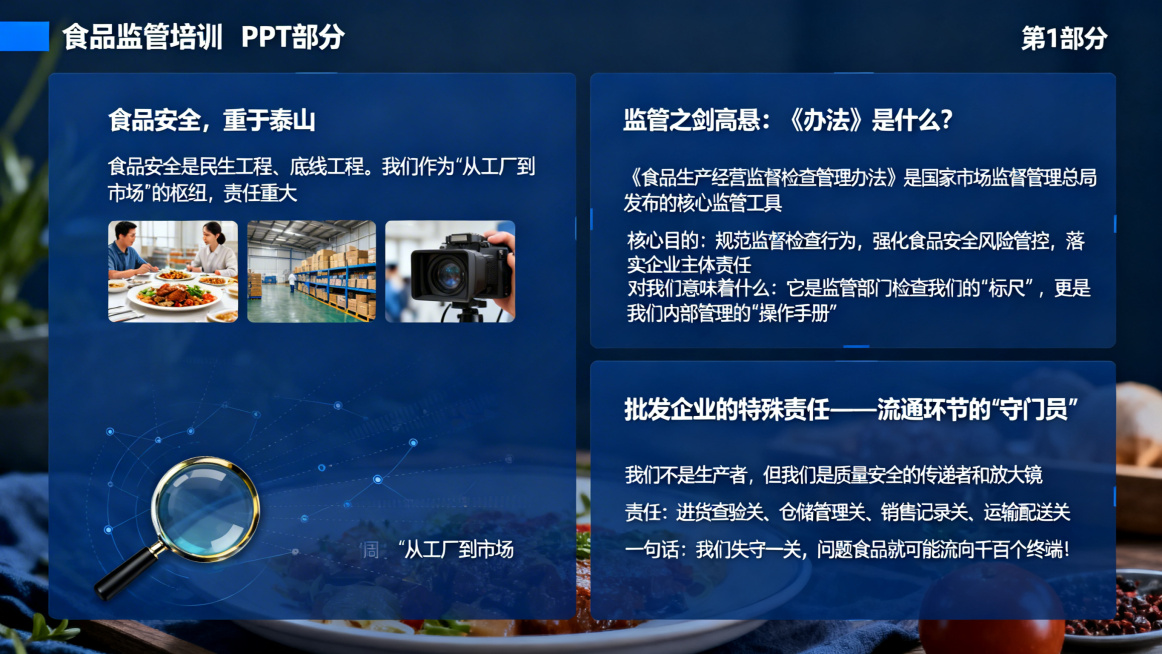 3张PPT幻灯片，商务风格，和之前封面的深蓝色主色调统一，属于食品监管培训第1部分内容。第一张幻灯片标题为"食品安全，重于泰山"，搭配消费者餐桌、企业仓库、新闻镜头的相关简约配图，文字标注观点：食品安预览效果