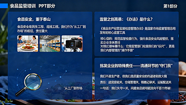 3张PPT幻灯片，商务风格，和之前封面的深蓝色主色调统一，属于食品监管培训第1部分内容。第一张幻灯片标题为"食品安全，重于泰山"，搭配消费者餐桌、企业仓库、新闻镜头的相关简约配图，文字标注观点：食品安全是民生工程、底线工程。我们作为“从工厂到市场”的枢纽，责任重大。第二张幻灯片标题为"监管之剑高悬：《办法》是什么？"，内容包含：《食品生产经营监督检查管理办法》是国家市场监督管理总局发布的核心监管工具。核心目的：规范监督检查行为，强化食品安全风险管控，落实企业主体责任。对我们意味着什么：它是监管部门检查我们的“标尺”，更是我们内部管理的“操作手册”。第三张幻灯片标题为"批发企业的特殊责任——流通环节的“守门员”"，内容包含：我们不是生产者，但我们是质量安全的传递者和放大镜。责任：进货查验关、仓储管理关、销售记录关、运输配送关。一句话：我们失守一关，问题食品就可能流向千百个终端！整体排版清晰，文字易读，符合企业培训PPT风格。