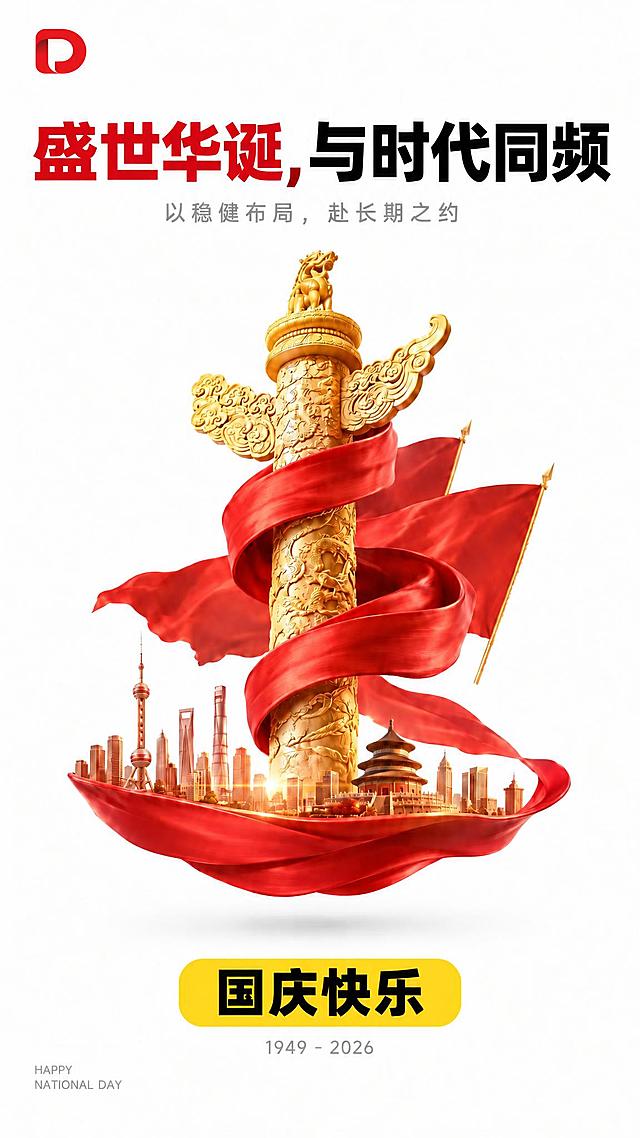 将海报左上角的红色D形logo替换为新的D形logo（参考图2的样式：红色圆角D形，左侧有深红色渐变内阴影），保持logo大小和位置不变。海报其他所有内容（标题文字、3D华表飘带主视觉、底部黄色标签、年份等）完全保持不变。