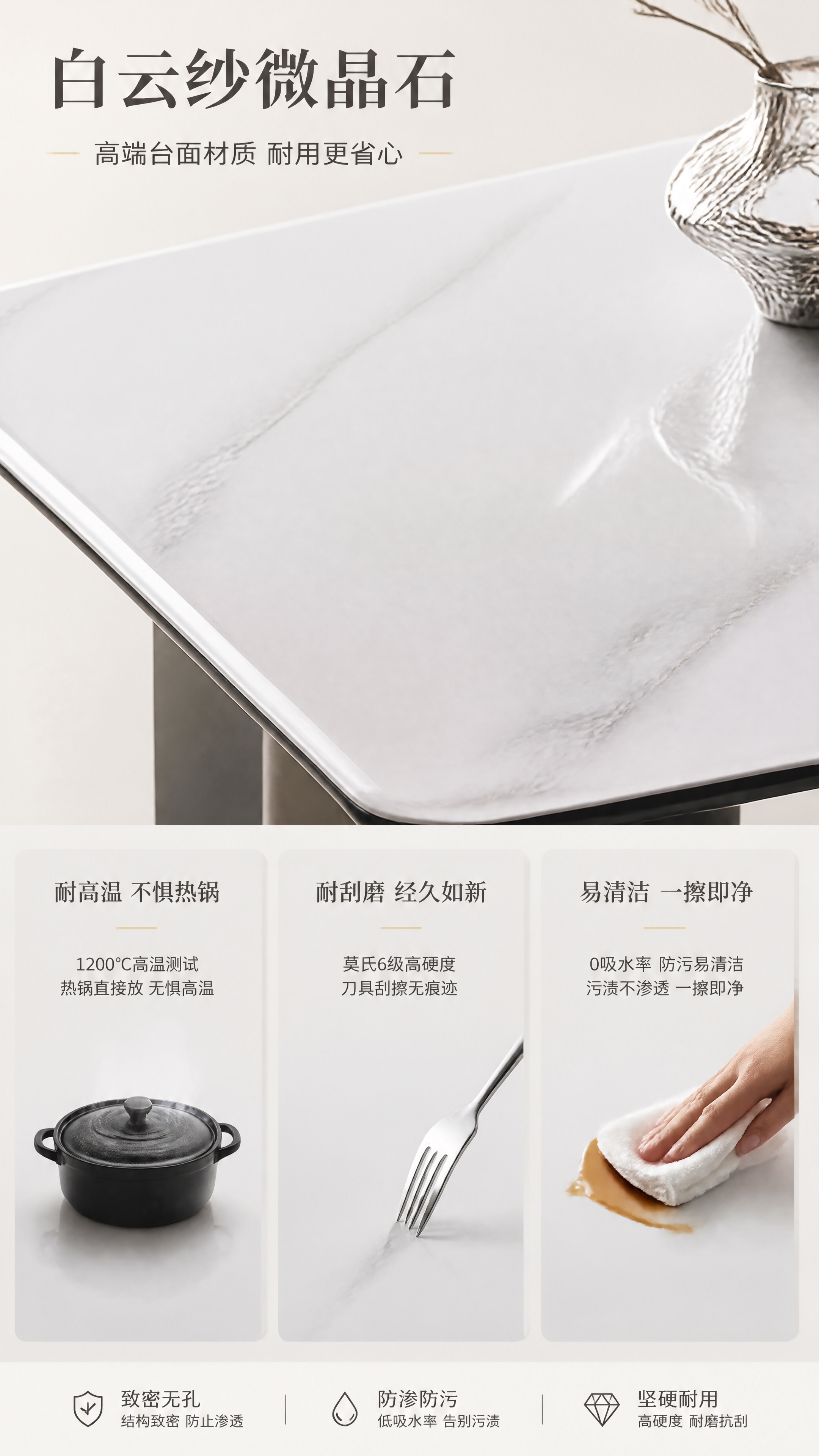 [第3张] 详情页材质解析页-白云纱微晶石台面特写与性能展示。… - 图片创意预览