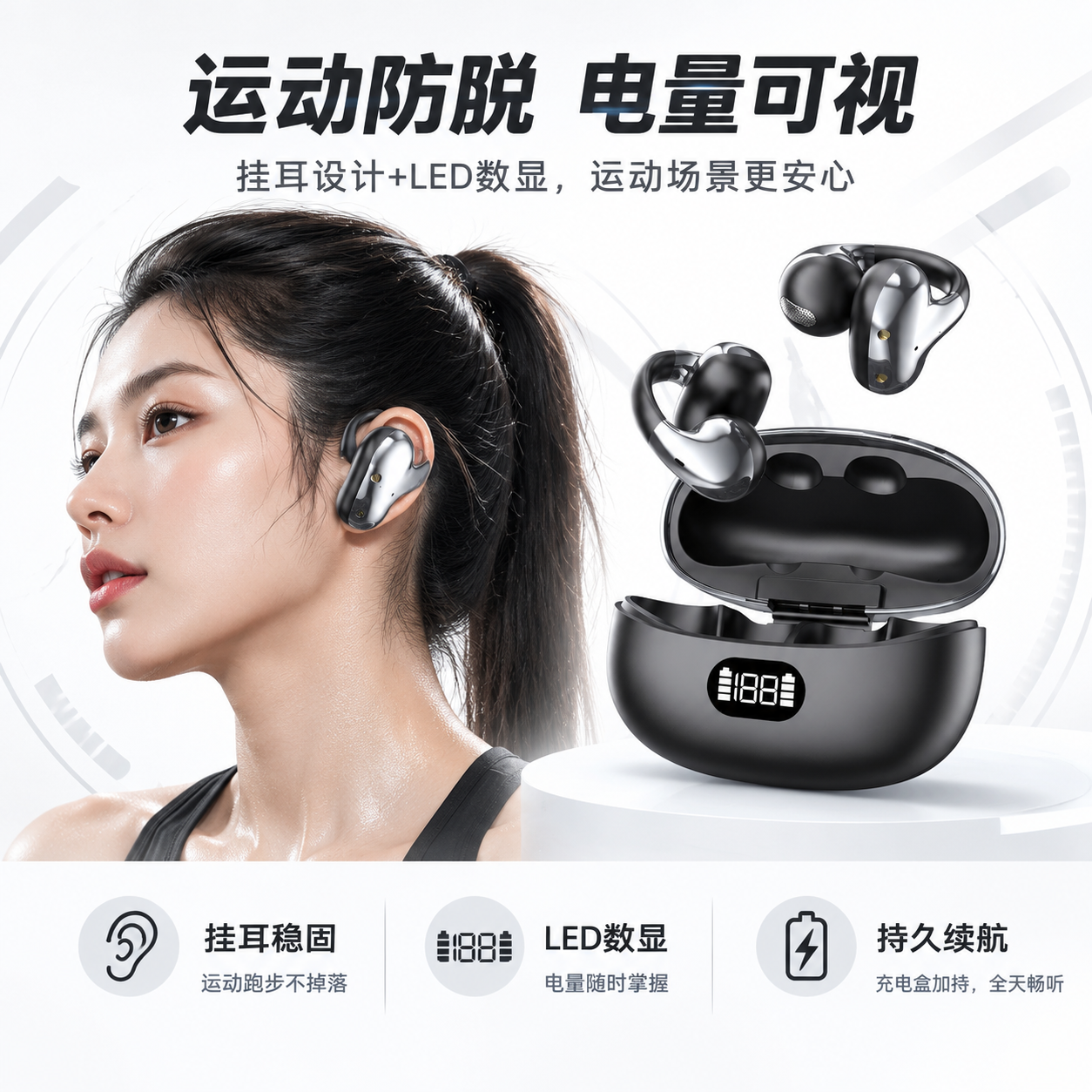 电商详情页第2屏（核心卖点）：挂耳式运动真无线蓝牙耳机 [布局… - 图片创意预览