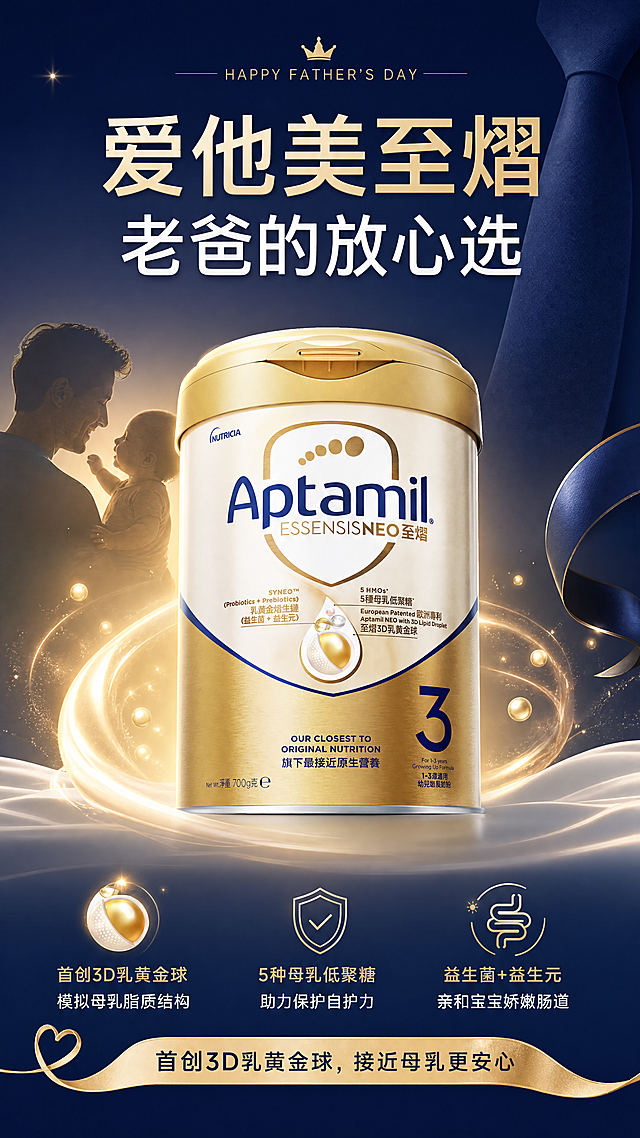 父亲节主题爱他美至熠奶粉产品海报，简约深蓝色调，温馨大气风格，展示奶粉产品，文案：“爱他美至熠 老爸的放心选 首创3D乳黄金球，接近母乳更安心”，父亲节节日氛围，竖版电商海报