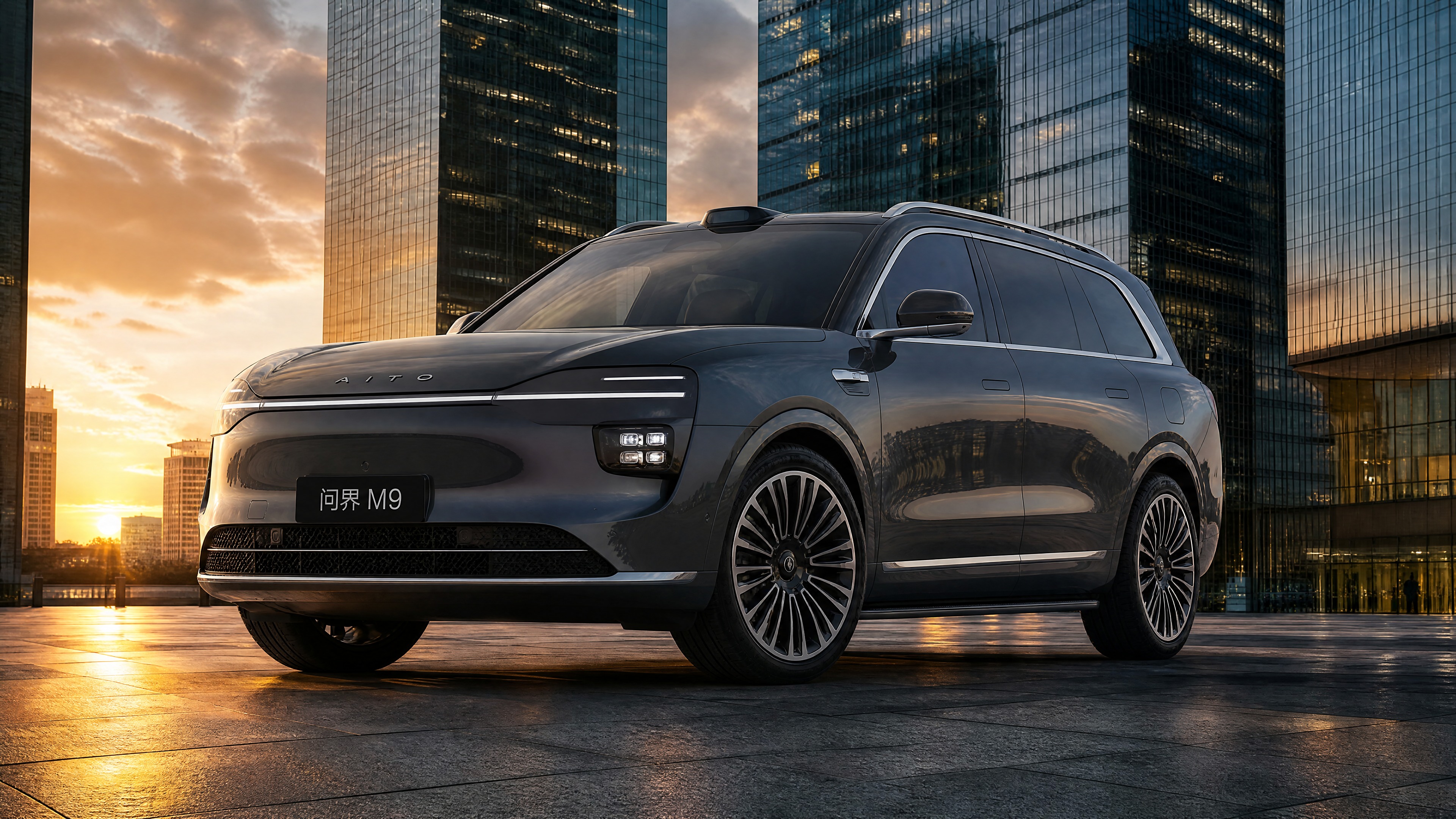 华为问界M9大型豪华SUV，车身采用深空灰色金属漆，前脸大气庄… - 图片创意预览