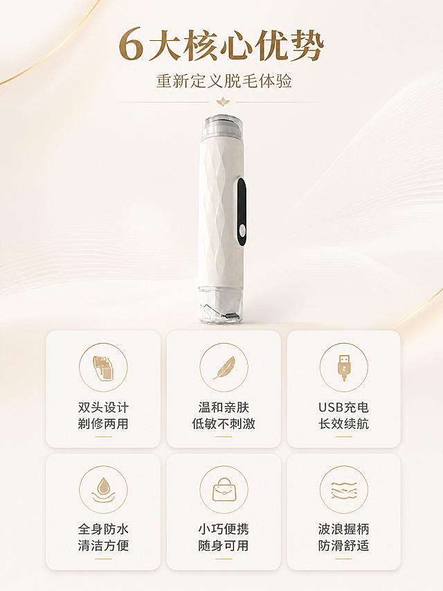 [第3张] 详情页核心卖点总览-6大优势卡片式呈现。本张使用【图1】作为商品主体展示。
[氛围/风格] 轻奢简约科技风，奶白浅金配色，干净高级，商业摄影质感。
[元素布局] 产品置于画面上方中央，占比约35%；下方为6个圆角卡片，2行3列排列，每个卡片含图标+卖点文字；背景为浅米色渐变，点缀金色细线装饰；产品外观与输入图一致。
[光影质感] 顶部均匀柔光，产品下方轻微投影，卡片有细微悬浮阴影，整体明亮通透。
[配色色系] 全局底色 #FAF7F2（奶米色）；主色奶白+香槟金；辅助色深灰文字、金色图标。
[视角构图] 上产品下卡片的上下构图，阅读动线从上至下。
[文字版式] 顶部主标题「6大核心优势」，副标题「重新定义脱毛体验」；6个卡片卖点分别为：「双头设计 剃修两用」「温和亲肤 低敏不刺激」「USB充电 长效续航」「全身防水 清洁方便」「小巧便携 随身可用」「波浪握柄 防滑舒适」；卡片内图标+文字清晰可读。
[比例分辨率] 9:16 竖版比例，4K分辨率，文字清晰可辨。
[负向提示词] 产品变形，缺件错件，颜色偏差，水印，文字错乱，文字过小，卡片排版混乱。