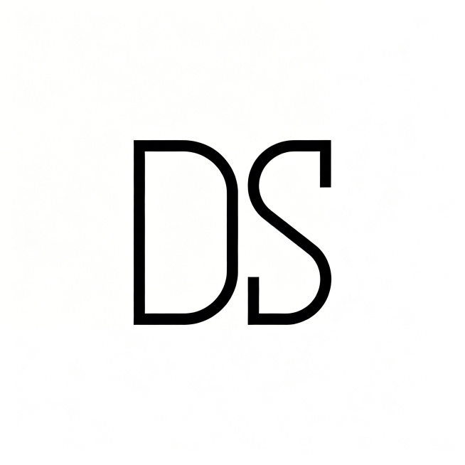 字母组合图形Logo设计，朵省拼音首字母DS，采用几何构建原则，布尔运算让两个字母共用中央笔画，遵循数学秩序进行构图，线条做了粗细修正，黑色图标，纯白色背景，极简现代风格，矢量图形，线条干净利落，像素预览效果