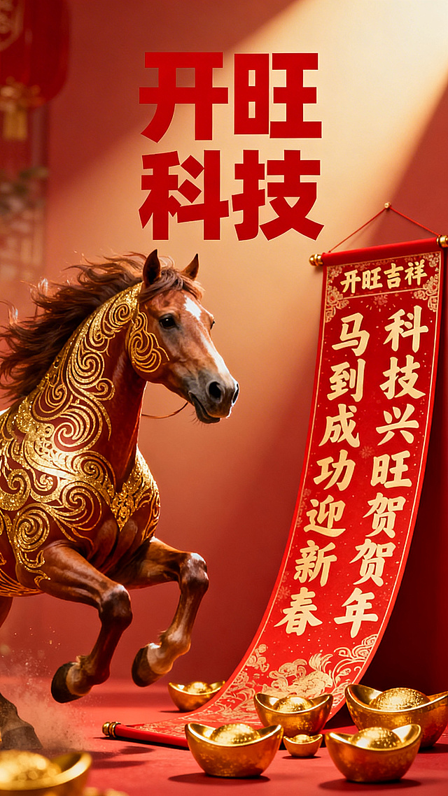 生成一张海报，带开旺科技名字，新年祝福元素。马年