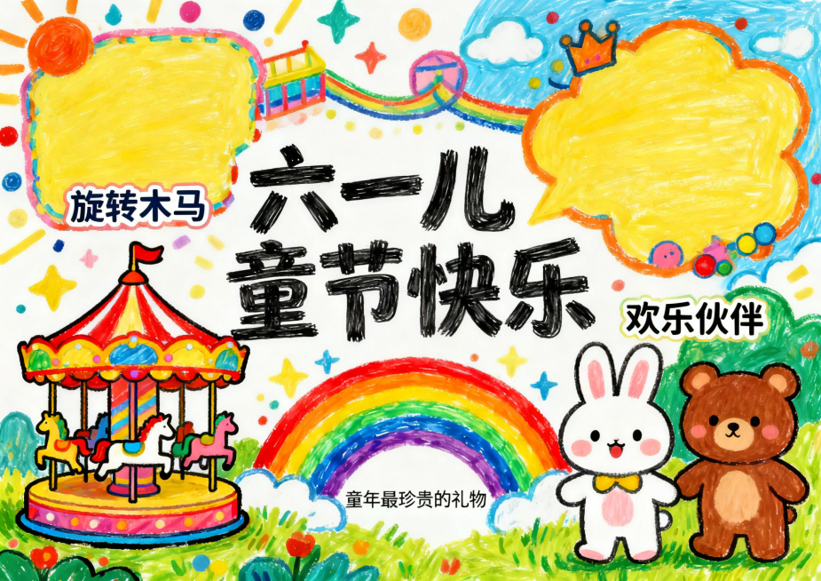 六一儿童节手抄报，马克笔手绘风格，横版A4排版，彩色多巴胺活力风，包含游乐场、卡通动物、彩虹元素，高饱和鲜艳配色，排版活泼动感预览效果
