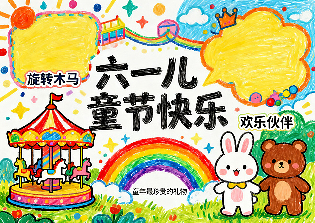 六一儿童节手抄报，马克笔手绘风格，横版A4排版，彩色多巴胺活力风，包含游乐场、卡通动物、彩虹元素，高饱和鲜艳配色，排版活泼动感
