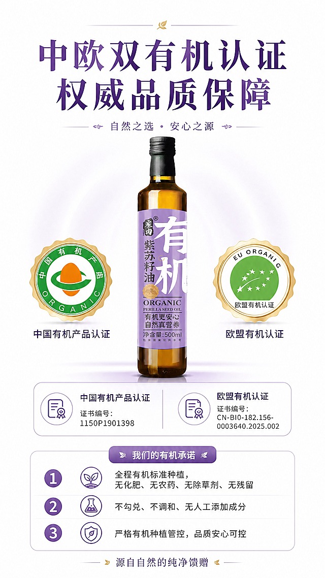[商品] 使用【图1】塞然有机紫苏籽油500ml瓶装产品；保留瓶身淡紫色标签、白色大字「有机」、「塞冉」品牌Logo、「紫苏籽油」竖排文字、「ORGANIC PERILLA SEED OIL」英文、净含量500ml字样；产品位于画面中部偏上，占画面约35%，正面展示。
[画面] 中欧双有机认证信任背书页，中心对称构图，白底干净简约；产品瓶身居中靠上，左右两侧各放一个大型认证徽章图标（中国有机产品认证徽章、欧盟有机认证徽章），徽章直径约为瓶身宽度的1/2；下方为证书编号信息卡和有机承诺文案区；整体权威、可信、简洁，突出双认证核心卖点。
[视觉] 套系策略：风格=食品粮油简约干净高级商业摄影风；标题字=现代宋体粗体（优雅大气）；正文字=简洁无衬线体；主色=白色+淡紫色；背景延展=纯白底，淡紫色渐变光晕环绕产品与认证徽章，营造高级感；强调色=金色+深紫色，用于认证徽章边框、标题重点字；标题色=深紫色；正文色=深灰色；组件=圆角白底浅紫边信息卡、金色认证徽章、细线分隔线；光影=正面柔和均匀布光，瓶身通透有光泽，徽章有轻微金色质感。
[文字] 顶部居中大标题「中欧双有机认证・权威品质保障」；产品下方左右分两栏，左栏「中国有机产品认证」+「证书编号：1150P1901398」，右栏「欧盟有机认证」+「证书编号：CN-BI0-182.156-0003640.2025.002」；再下方3条有机承诺分点：1.全程有机标准种植，无化肥、无农药、无除草剂、无残留 2.不勾兑、不调和、无人工添加成分 3.严格有机种植管控，品质安心可控；所有文字横排，居中对齐为主，层级清晰。
[规格] 图片比例9:16竖版，4K分辨率，负向提示：避免变形、错字、文字过小、虚假认证、绝对化用语、杂乱装饰、冷蓝色调