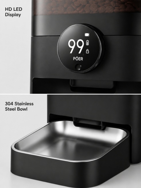 [主图-3] Detail close-up display - Key structure details of automatic pet feeder. This screen uses [Fi预览效果