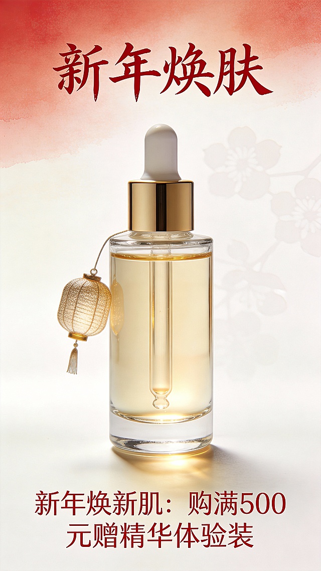 国潮风水彩背景，鎏金质感瓶身搭配中式灯笼挂饰，重拟物设计凸显奢华感，喜庆红金配色传递新年氛围。