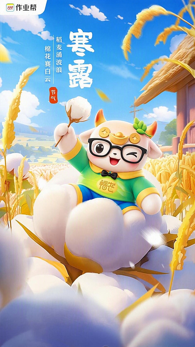 将画面中的白色小熊替换为第二张图中的裕农小牛卡通形象（戴黑框眼镜、头顶金元宝和金币、头顶绿色小芽、橙黄渐变牛角、白色身体、黑色领结），保持原海报的构图、动作、场景和文字完全不变：小牛坐在巨大的棉花上，右手举着棉花枝，身穿绿黄渐变上衣和蓝色短裤，背景是寒露节气的金黄稻田、茅草屋、蓝天白云，保留左上角作业帮logo、"寒露"大字、"稻麦涌波浪 棉花赛白云"竖排文字和红色"节气"印章，整体3D卡通风格，光影柔和，色彩明亮温暖