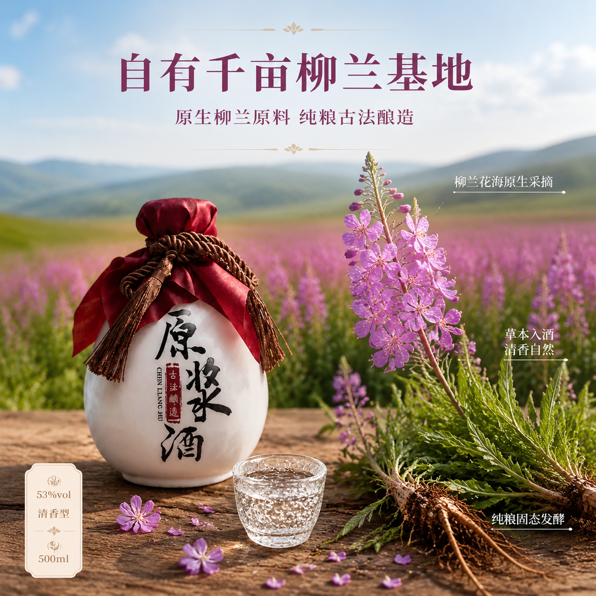 [主图-2] 柳兰清香白酒核心亮点图 产地溯源与原料展示 正方… - 图片创意预览