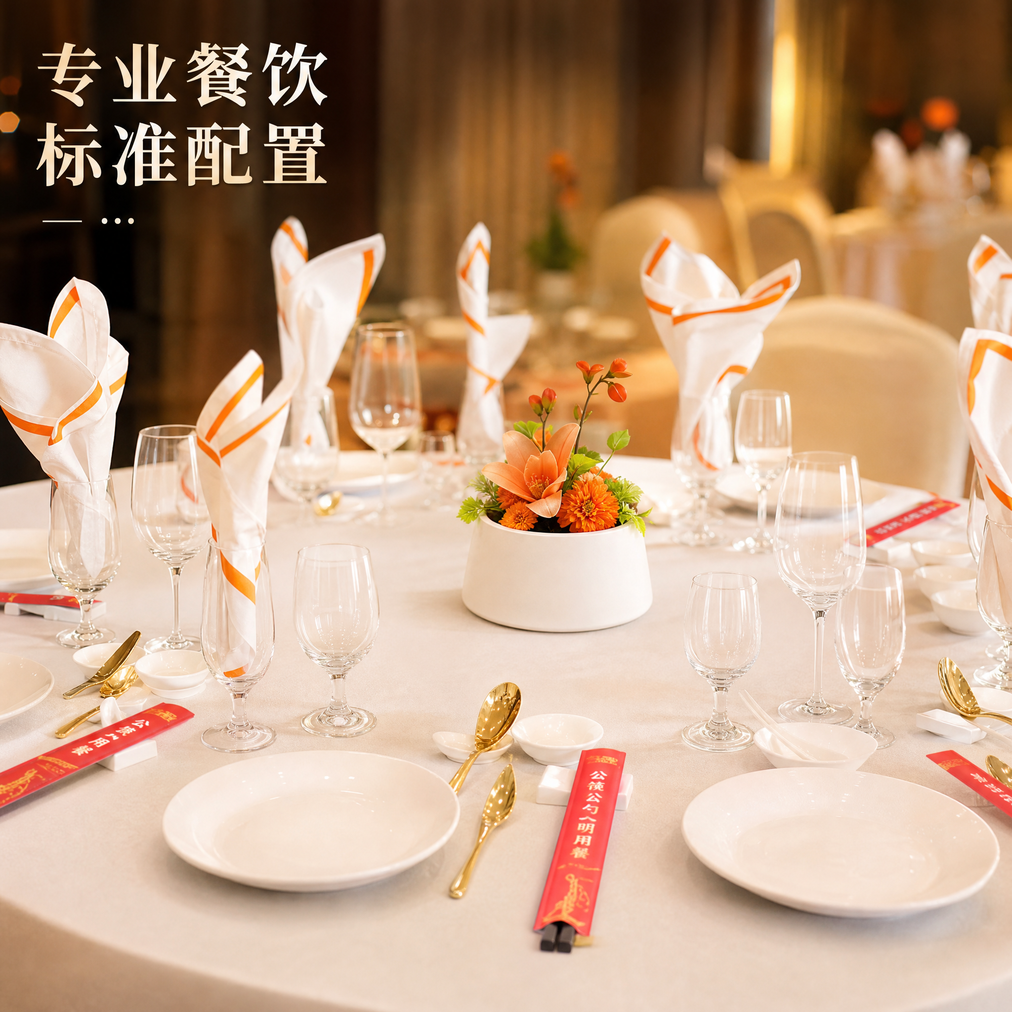 电商主图第四张，餐饮宴会标准摆台场景图。专业赛事风格，白色桌布… - 图片创意预览
