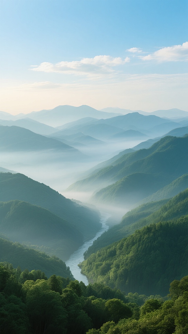 清晨或傍晚时分的壮丽山景，远处层叠的远山在薄雾中若隐若现，中景是郁郁葱葱、轮廓分明的绿色山峦，山谷间有蜿蜒的河流穿行，近处是茂密的森林植被，整个画面笼罩在柔和的自然光线下，天空湛蓝，飘着几朵轻薄的白云，整体呈现出清新、宁静、充满生机的自然写实风格，色彩以深浅不一的绿色和蓝色为主，光影层次丰富，营造出深远的空间感和朦胧的意境美。