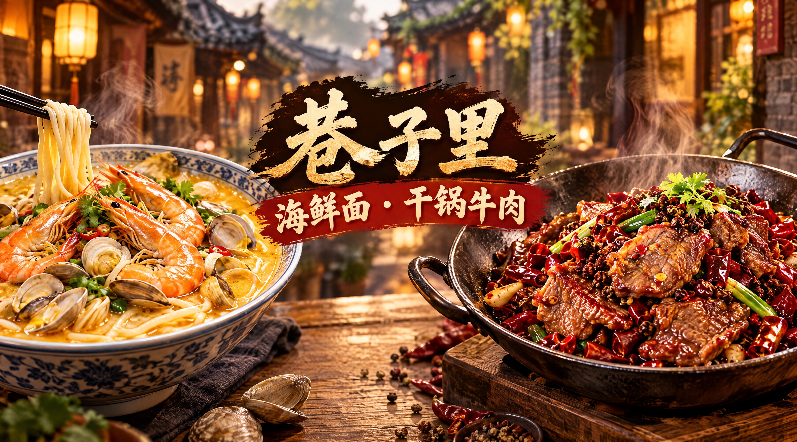 面馆店招设计，店名"巷子里·海鲜面·干锅牛肉"，写真美食风格，… - 图片创意预览
