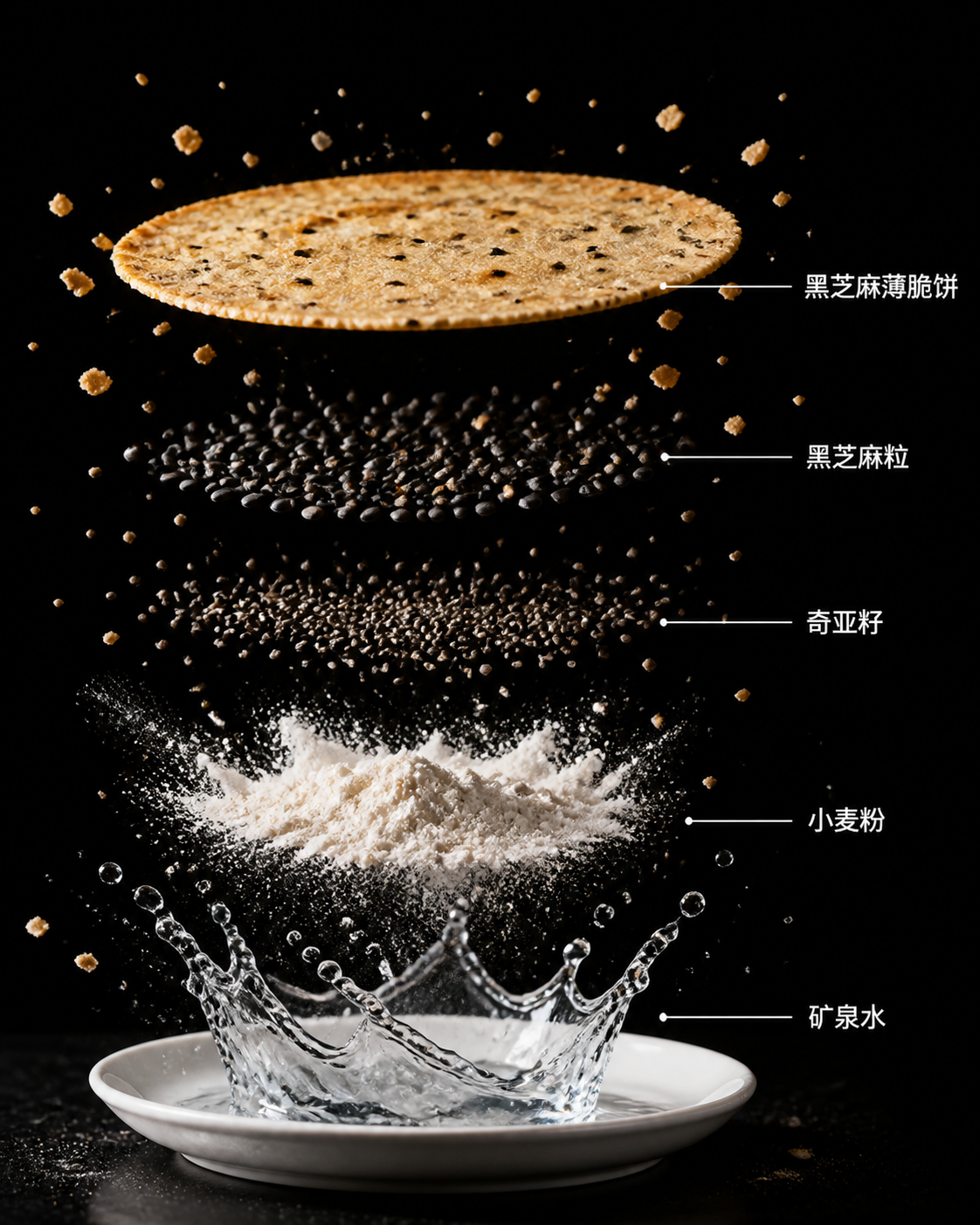 参考悬浮分层食材可视化风格，以圆形黑芝麻薄脆饼为主体，做成同款… - 图片创意预览