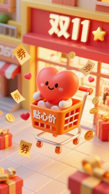 一个拟人化的橘红色爱心，开心的表情，坐在一辆橘色的购物车中，购物车上有写“贴心价”，俯视镜头；购物车悬浮在空中，周围飘浮着很多写有“券”字的金色纸条、星星、爱心和钱币等元素。背景是一座温馨的商场建筑，预览效果