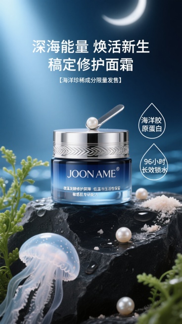 特写镜头，一瓶JOON AME品牌的深海蓝精粹面霜静置于被晨露浸润的黑色玄武岩上，磨砂玻璃罐身泛着珠光母贝光泽，搭配银色海浪纹金属盖与内嵌式磁石挖勺。周围环绕着半透明的水母状凝胶质地、新鲜的海藻嫩芽和悬浮的珍珠粉末，背景是渐变的深海蓝与月光银，光线从上方以45度角斜射形成光晕。上方主标题"深海能量 焕活新生 稿定修护面霜"采用优雅的白色无衬线字体，下方标注"【海洋珍稀成分限量发售】"，瓶身右侧……预览效果