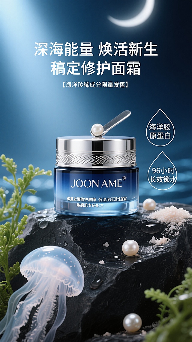 特写镜头，一瓶JOON AME品牌的深海蓝精粹面霜静置于被晨露浸润的黑色玄武岩上，磨砂玻璃罐身泛着珠光母贝光泽，搭配银色海浪纹金属盖与内嵌式磁石挖勺。周围环绕着半透明的水母状凝胶质地、新鲜的海藻嫩芽和悬浮的珍珠粉末，背景是渐变的深海蓝与月光银，光线从上方以45度角斜射形成光晕。上方主标题"深海能量 焕活新生 稿定修护面霜"采用优雅的白色无衬线字体，下方标注"【海洋珍稀成分限量发售】"，瓶身右侧两个水滴形标签分别写着"海洋胶原蛋白"和"96小时长效锁水"，底部三行小字"微藻发酵修护屏障""低温冷压活性保留""敏感肌专研配方"。