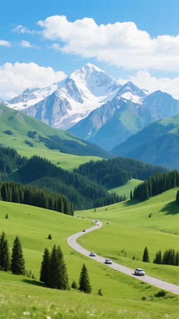 超高清写实摄影，明亮清新的自然风景，壮阔的旅游景点风光，远方是巍峨圣洁的雪山峰顶覆盖着皑皑白雪，山体呈现蓝灰色的岩石纹理，山脚下是层层叠叠起伏的墨绿色山林与翠绿的高山草甸，草甸上点缀着零星的挺拔青松，一条蜿蜒的公路穿过草原，几辆汽车行驶其上，天空中飘着洁白的云朵，整体色调以青翠的绿色、纯净的白色和深邃的蓝色为主，光影明亮柔和，阳光下的草地和山林细节丰富，具有极高的色彩饱和度和清晰的画面质感，展……预览效果