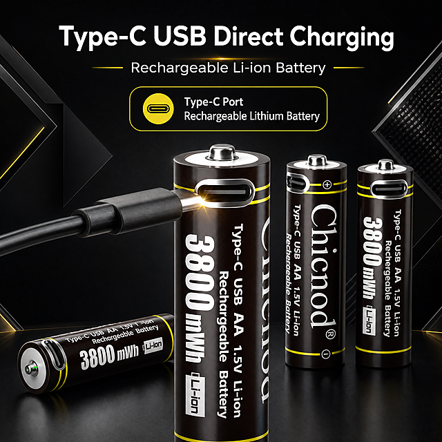 欧美风格电商商品详情页，英文文案，展示卖点"Type-C Port Rechargeable Lithium Battery",特写电池Type-C充电接口，黑色几何科技感背景，和上一张详情页背景不同，简洁专业设计，主标题文字"Type-C USB Direct Charging",副标题"Rechargeable Li-ion Battery"