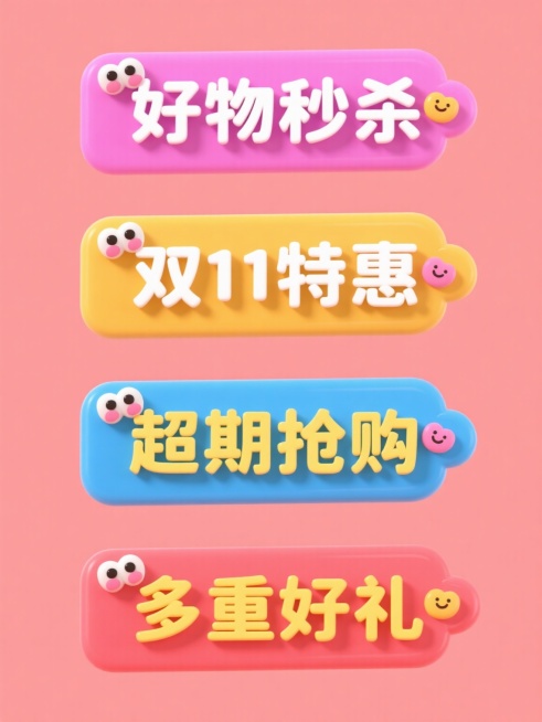 一组4个不同配色不同样式的促销标签，每张为规整排布的单一促销标签，标签文案分别为“好物秒杀”“双11特惠”“超期抢购”“多重好礼”，采用纯色背景，整体为3D立体卡通风格，呈现出软萌的橡皮泥质感，表面光滑有轻微光泽，色彩鲜艳明快，标签边缘圆润，带有可爱的卡通装饰元素，如眼睛、腮红、小表情等，营造出活泼欢快的氛围，视觉层级清晰，信息传达效率高，符合促销活动吸引眼球的目的。预览效果