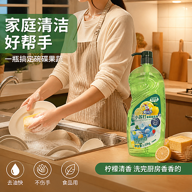 [主图-4] 洗洁精家庭主妇真实使用场景图
[氛围风格] 温馨生活化场景，真实家庭厨房，代入感强
[画质] 商业摄影质感、暖光温馨、场景真实自然、产品融入和谐
[元素] 温馨的家庭厨房场景，一位穿着家居围裙的女性（仅展示上半身和手部，不露出完整面部）站在水槽边洗碗，水槽里有碗碟和丰富泡沫，兔之力小苏打洗洁精绿色瓶身放在水槽边的台面上，旁边有沥水篮、海绵擦、柠檬。背景是暖木色橱柜和白色瓷砖，窗台上有绿植。整体是傍晚暖黄灯光的温馨氛围。保持洗洁精产品外观（即物理结构、材质质感、绿色透明瓶身颜色、标签设计）与输入产品图一致，杜绝任何变形和色差。画面禁止出现多余的手、畸形手、融合手指、手部扭曲、面部扭曲。
[光影] 暖黄色厨房顶光+台灯光，温馨柔和，水槽区域有重点照明，整体暖调有生活气息
[配色] 主色暖木色+清新绿+洁净白；辅色暖黄灯光、瓷砖浅灰；整体温馨洁净
[视角构图] 侧面平视角度，人物在中间偏左，产品在右侧台面清晰可见，景深中等，背景轻微虚化突出主体
[文字版式] 左上角大标题"家庭清洁好帮手"，白色粗体配半透明绿色底。副标题"一瓶搞定碗碟果蔬"白色小字。底部右侧绿色圆角标签"柠檬清香 洗完厨房香香的"白字。左下角三个小图标横排："去油快""不伤手""食品用"，白色图标+文字。
[输出要求] 1:1比例，文字清晰可辨，超高清商业摄影质感
[负向提示词] 变形，文字错乱，产品图模糊，背景杂乱，水印，电商平台Logo，多余的手，畸形手，手部扭曲，面部扭曲，人物穿模