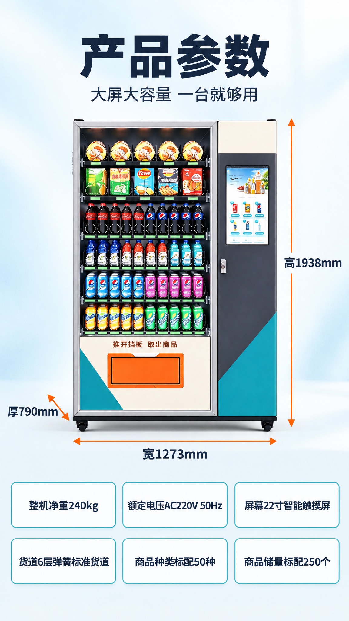 [商品] 使用【图1】触屏制冷大型售货机：正视图完整展示，浅白… - 图片创意预览