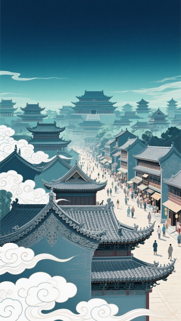 中国风插画，以深蓝色和青绿色为主色调，描绘古代建筑群，前景是几座具有飞檐翘角的宫殿式建筑，屋顶覆盖着灰色瓦片，屋檐下有精美的雕花装饰，建筑周围环绕着白色的祥云图案，中景是一条热闹的街道，街道两旁是古色古香的商铺，街道上有许多行人，远景是层层叠叠的古建筑群，天空呈现出渐变的深蓝色，画面整体采用上下分层的排版设计，下方建筑和祥云图案占据较大篇幅，上方留有一定的空白空间，营造出宁静而庄重的氛围，线条……预览效果