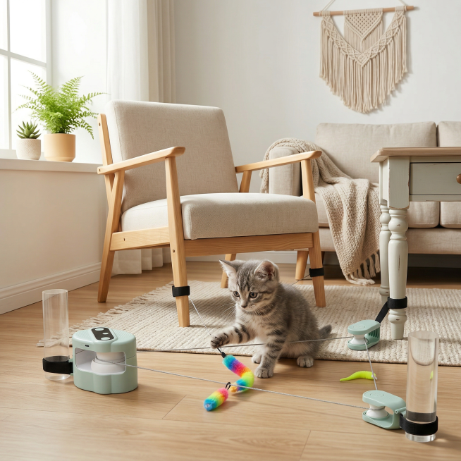 将背景替换为清新风格客厅，中间一只小猫玩这个逗猫玩具，玩具黑色绑带绑在椅子腿上预览效果