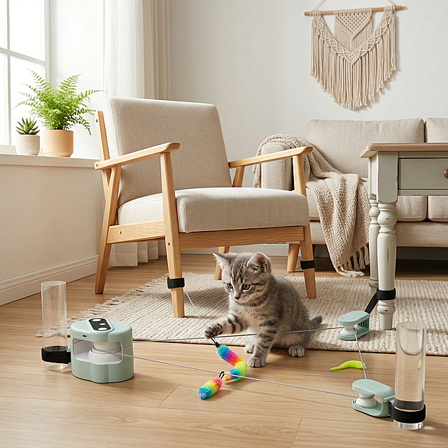 将背景替换为清新风格客厅，中间一只小猫玩这个逗猫玩具，玩具黑色绑带绑在椅子腿上