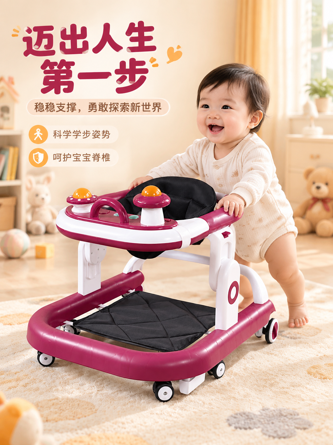 [商品] 使用【图1】玫红色多功能婴儿学步车；保留U型底座、网… - 图片创意预览