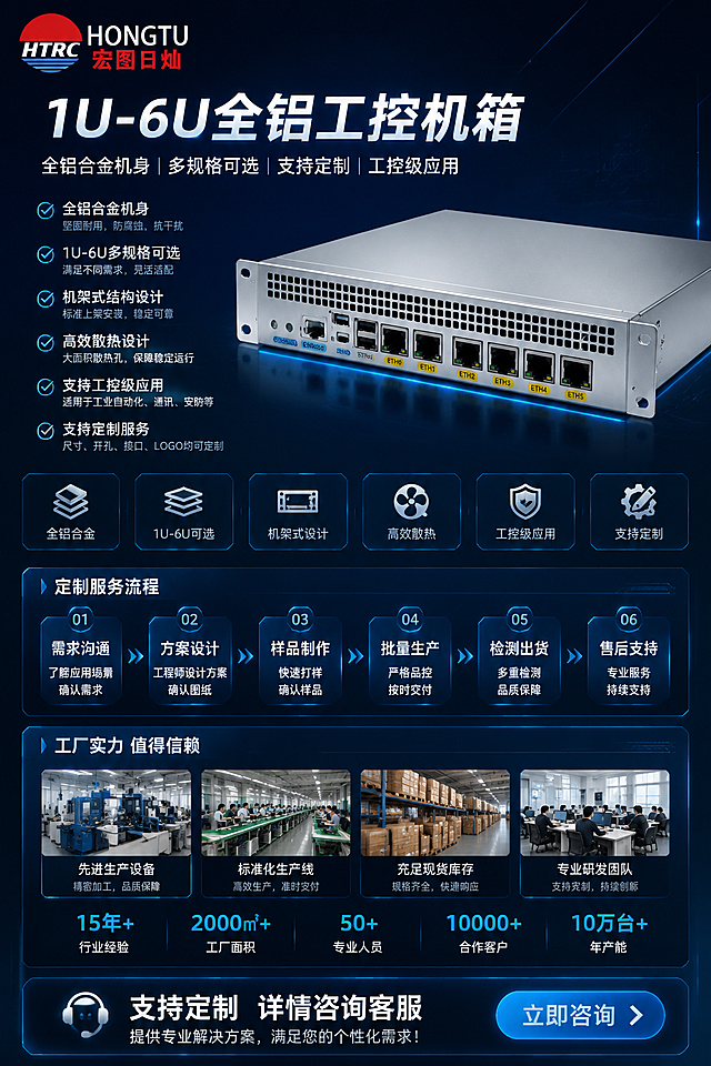 1U-6U全铝机箱工控机箱，卖点：全铝合金机身，1U-6U多规格可选，机架式结构设计，高效散热设计，支持工控级应用，支持定制，高级科技风，适配1688平台，详情页，展示定制服务流程和工厂实力信息，结尾引导咨询，保持高级科技风格设计