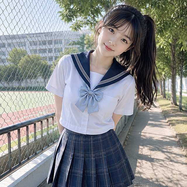 JK风格人像图，年轻女生穿着日式JK制服，校园清新风格