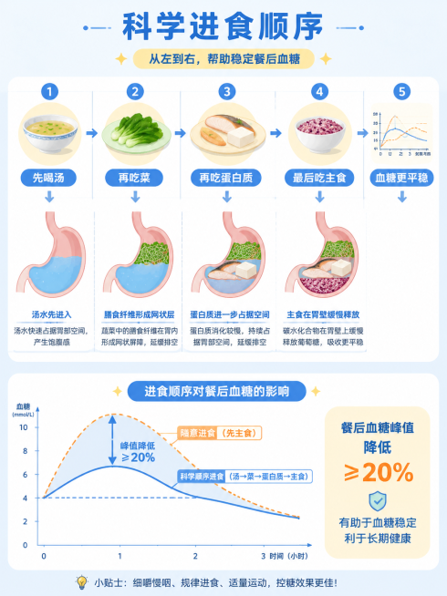 一幅从左到右的进食顺序示意图，五个小图标横向排列，依次为：①一碗清汤（标注"先喝汤"）→②一盘翠绿蔬菜（标注"再吃菜"）→③一块鱼肉和豆腐（标注"再吃蛋白质"）→④最后半碗杂粮饭（标注"最后吃主食"）预览效果