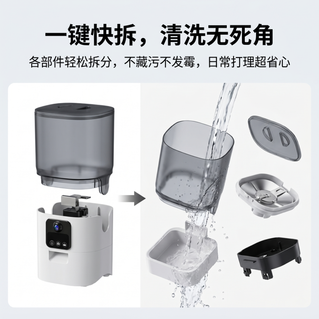 [主图 5] 宠物智能喂食器易拆洗卖点展示图，展示快拆步骤和冲洗示意，写实电商风格
[氛围风格] 步骤清晰，干净通透，贴近日常使用场景
[画质] 商业摄影质感，光线柔和通透，产品清晰真实，画面干净高级预览效果