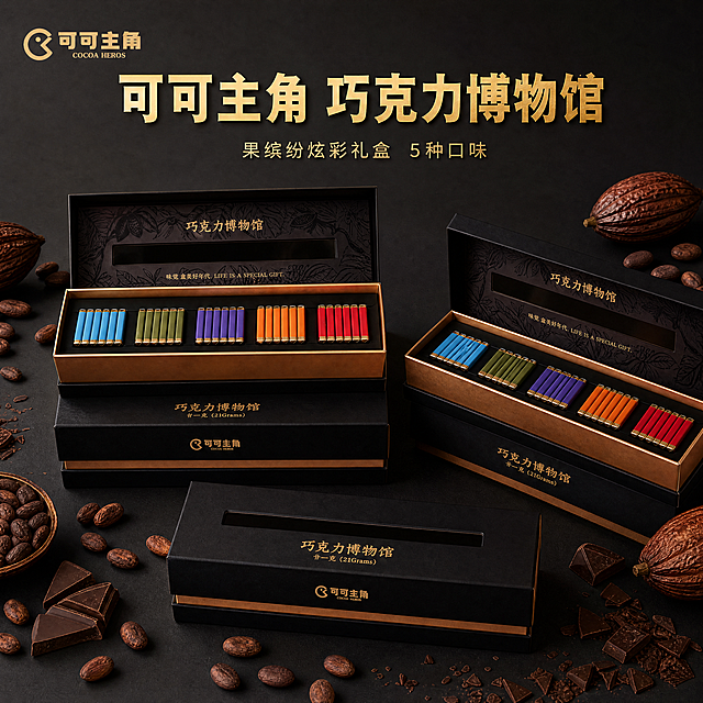[主图-14] 多角度礼盒组合展示。氛围风格：专业产品展示，高级质感。画质：商业摄影质感、光线柔和通透、产品清晰真实、画面干净高级。元素：三张不同角度礼盒（正面/45°斜侧/俯视）组合排列在深灰背景上，周围点缀可可豆与巧克力碎；保持产品外观与输入产品图绝对一致; 商品主体占比约75%，画面满屏无边框。光影：均匀布光，各角度细节清晰可见，阴影自然不重叠; 巧克力光泽真实诱人; 整体明亮通透; 高光控制得当。配色：黑金礼盒+深灰背景+暖棕点缀; 简洁高级。视角构图：多角度拼合布局，疏密有致，视觉丰富不重复; 每个角度独立清晰。文字版式：左上角品牌Logo。中央大字文案："可可主角 巧克力博物馆"，烫金粗体; 下方小字："果缤纷炫彩礼盒 5种口味"; 文字清晰不遮挡主体; 强对比易读; 比例分辨率：1:1 比例，4k 分辨率；文字清晰锐利，画面超高清. 负向提示词：变形，水印，文字错乱，产品图模糊，背景杂乱。