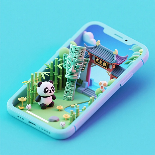 一个手机创意微缩场景，手机平放，侧面对着观众，手机俯视角度，立体的成都景观从屏幕内出来，有熊猫，三星堆，武侯祠，整体色调立体魔幻。青色背景。具有梦幻感,打光营造出柔和氛围强调梦幻和未来感的美学。