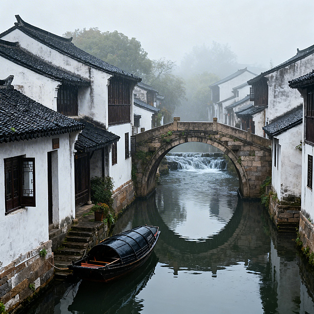 写实风景摄影，江南水乡古镇，白墙黑瓦的传统民居错落分布，石拱桥横跨潺潺流水，乌篷船静静停靠在岸边，水面倒影清晰可见，整体是烟雨朦胧的氛围感，空气湿润通透，色彩淡雅质朴，细节真实细腻