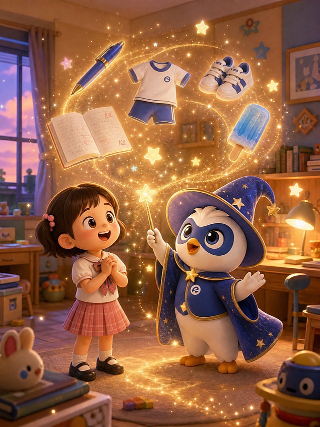 将画面中的小学生改成小女孩，留着可爱的短发或扎着小辫子，穿着女生款式的校服（白衬衫配短裙或可爱的校服套装），表情同样惊喜开心地看着魔法师信小服。其余画面元素保持不变：戴着星空魔法师帽和斗篷的蓝白小鸟信小服挥舞星星魔法棒，周围金色魔法光效中漂浮着圆珠笔、新衣服新鞋子、冰棍、写好的作业本，背景是温馨的儿童房间，暖黄色灯光，梦幻童真温暖的3D卡通漫画风格，整体构图和氛围保持一致