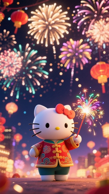 卡通3D画风（顶部只有背景，主要内容在画面一半以下），一个可爱kitty穿着新中式衣服在放烟花，背景是灿烂的烟花，新年夜晚预览效果