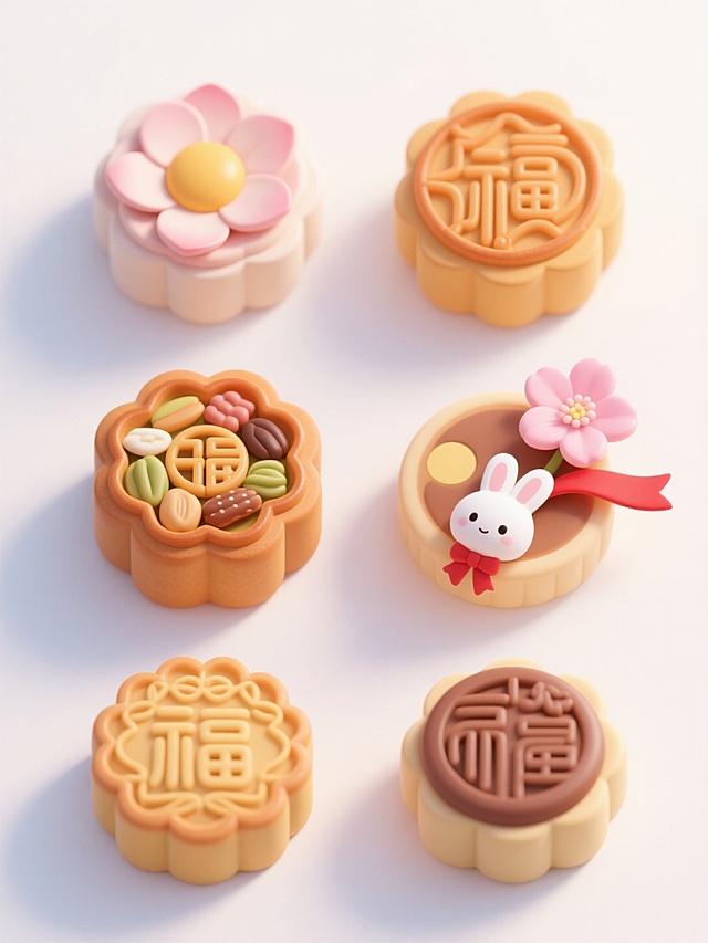 白色背景上，六个不同样式、不同材质、不同配色的卡通风格月饼整齐排列，月饼表面有精致的传统花纹和吉祥图案，包括莲蓉蛋黄、五仁、豆沙等经典口味的视觉区分，搭配可爱的白色兔子玩偶、粉色桂花、红色丝带等中秋元素，整体采用圆润饱满的3D立体造型，色彩明快柔和，边缘有轻微阴影增强立体感，呈现出温馨喜庆的节日氛围，所有元素布局均衡对称，视觉层次清晰。