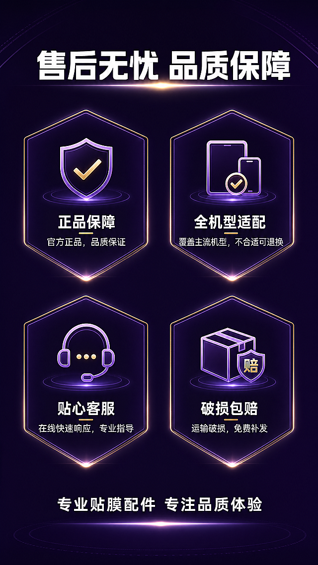 [第8屏] 售后保障服务说明屏，展示AR电镀UV免保压光固膜售后与购买保障。本屏延续【图1】紫金色科技风格。
[氛围/风格] 品牌信赖感，简洁稳重，保障信息清晰明了。
[元素布局] 顶部大标题，中部为2x2保障icon矩阵，四个保障模块均匀分布，底部放置一句收束总结文案。整体居中排版，间距适中，稳重透气，无多余元素干扰。
[光影质感] 每个保障icon带轻微光影效果，整体均匀光照，文字清晰突出，氛围安心可靠。
[配色色系] 全局底色：#1a0a2e（深紫）；icon底色：紫色渐变描边；icon配色：金色+白色；文字白色。
[视角构图] 矩阵居中对称构图，沉稳大气，符合移动端收尾屏阅读感受。
[文字版式] 顶部主标题 "售后无忧 品质保障" 白色加粗。四个保障模块分别为：1. 正品保障：官方正品，品质保证；2. 全机型适配：覆盖主流机型，不合适可退换；3. 贴心客服：在线快速响应，专业指导；4. 破损包赔：运输破损，免费补发。每个保障模块上方是简约icon，下方是文字说明，文字清晰，大小适中手机可读。底部总结文案 "专业贴膜配件 专注品质体验" 白色居中。
[比例分辨率] 9:16竖版比例，4K分辨率，文字清晰可辨，超高清。
[负向提示词] icon变形，文字错乱，布局不对称，颜色刺眼，诱导抢购按钮，水印，背景杂乱。